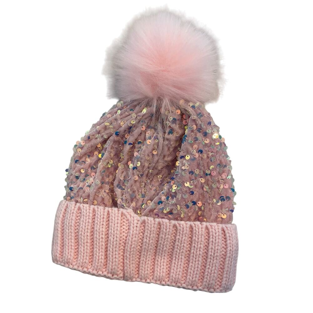 Justice Pink Sequin Winter Hat with Pom - Picture 2 of 4